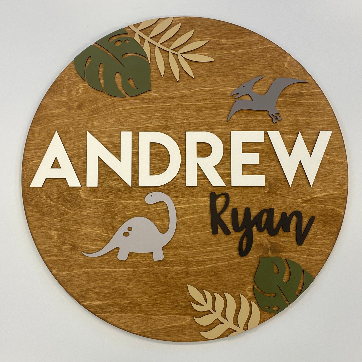 Personalized Round Wood Name Sign | Dinosaur