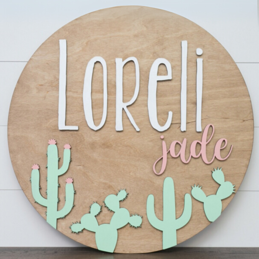 Personalized Round Wood Name Sign | Cactus