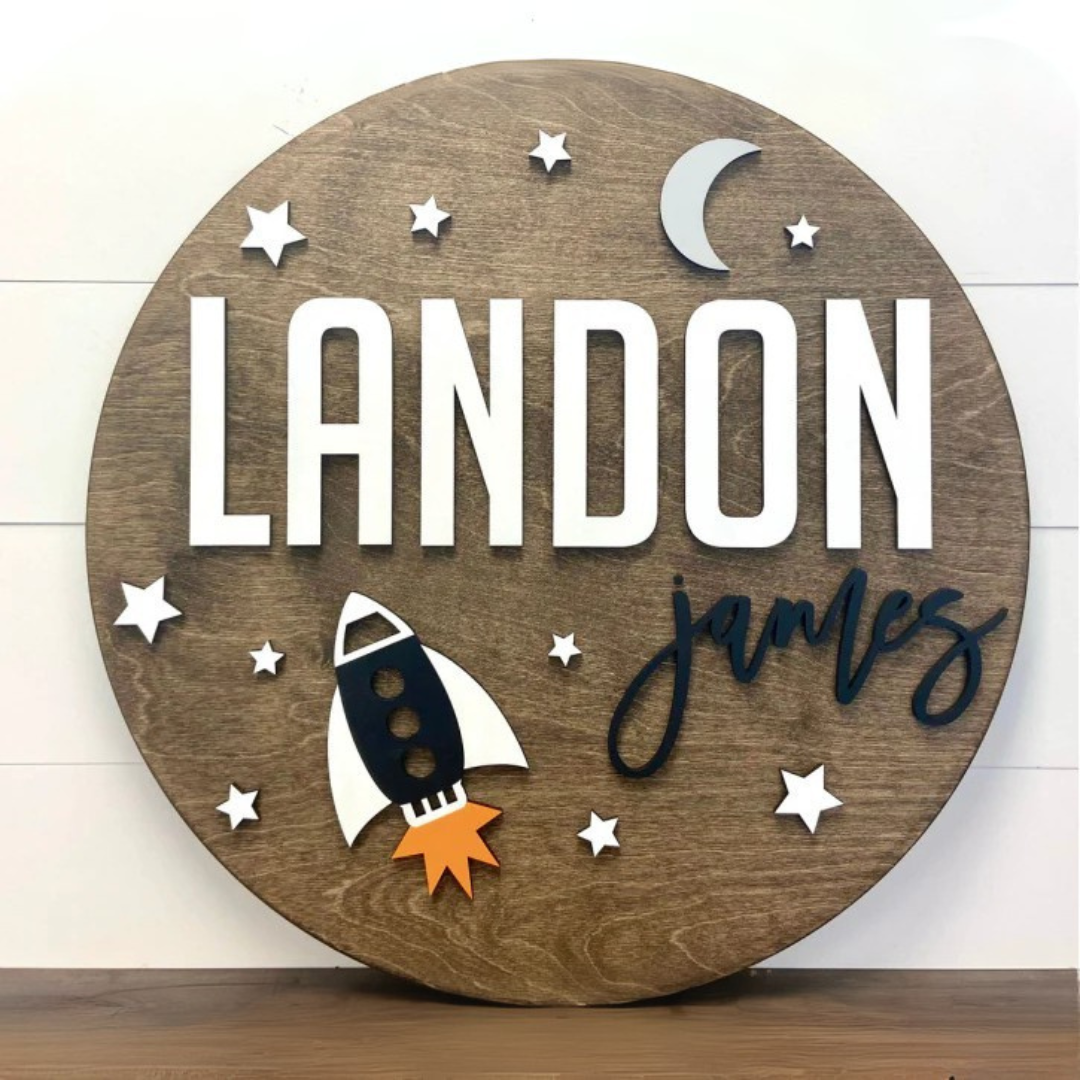 Personalized Round Wood Name Sign | Space Ship