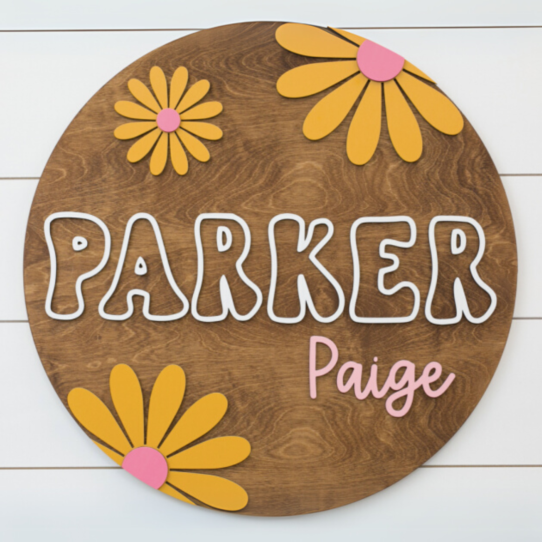Personalized Round Wood Name Sign | Retro Daisy