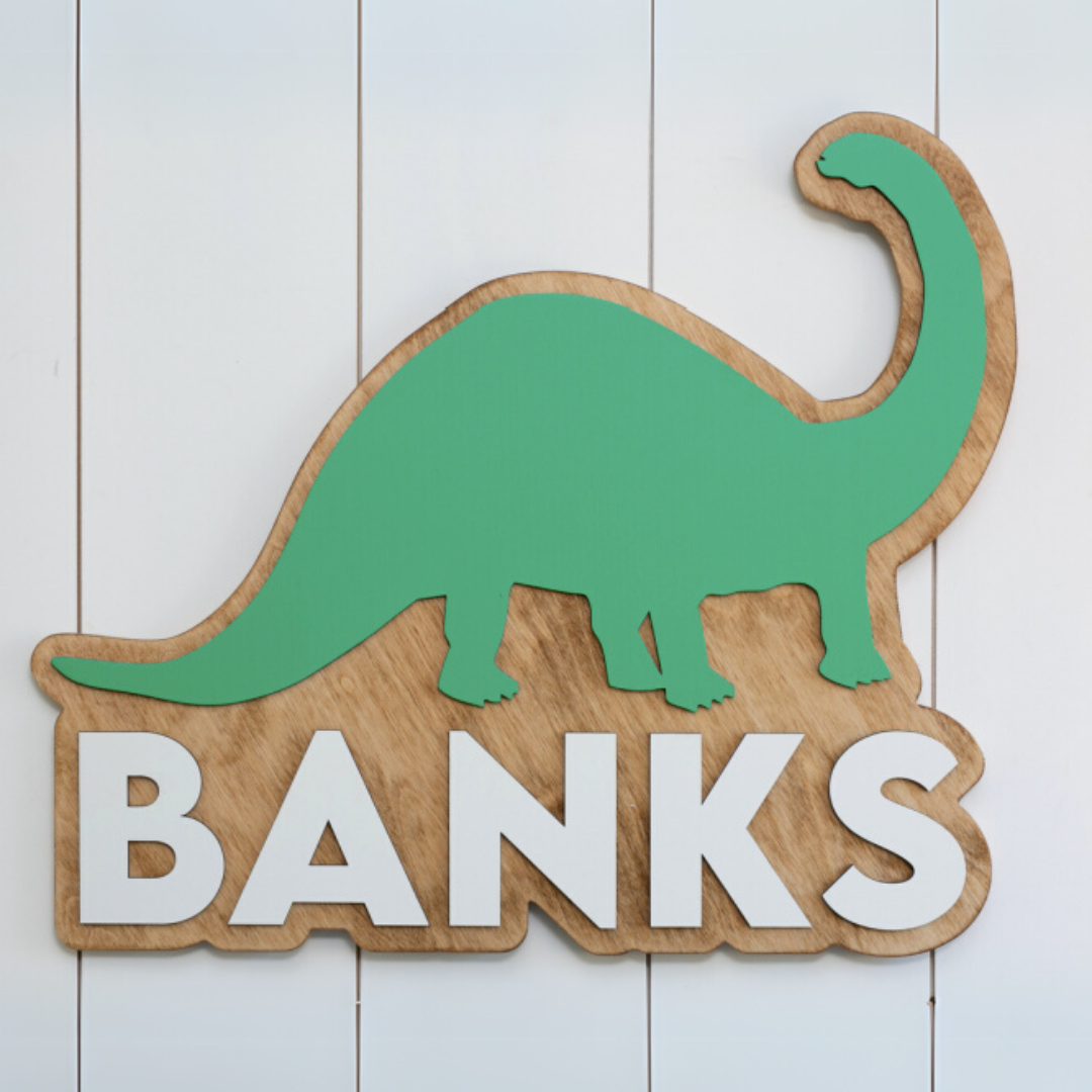 Personalized Round Wood Name Sign | Dinosaur Cutout
