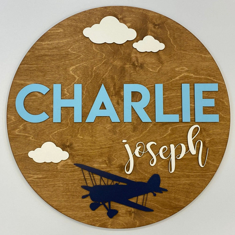 Personalized Round Wood Name Sign | Airplane