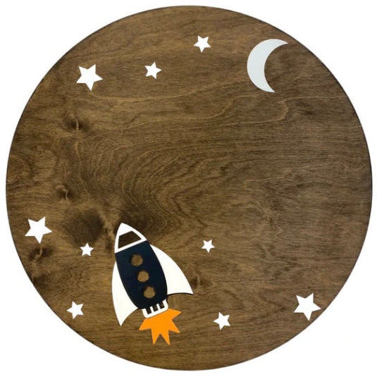 Personalized Round Wood Name Sign | Space Ship