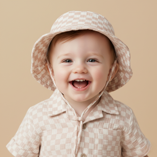 Organic Bucket Sun Hat - Brick Checks