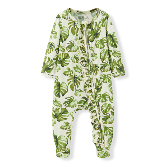 Island Leaf Cotton Stretch Ruffle Footed Romper