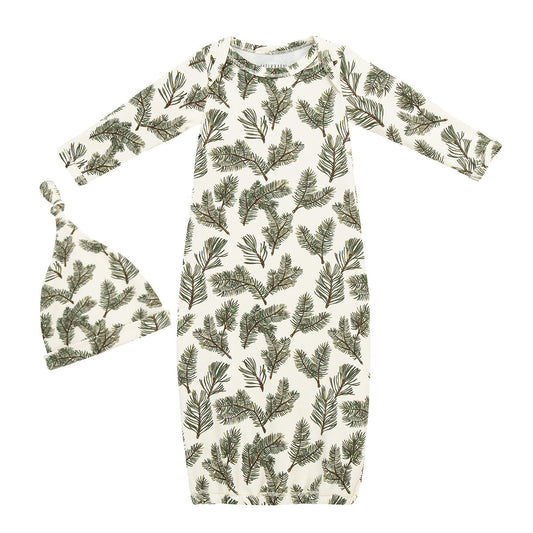 Pine Brushed Newborn Gown & Hat Set