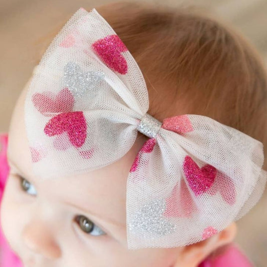 Glitter Heart Tulle Bow Baby Headband