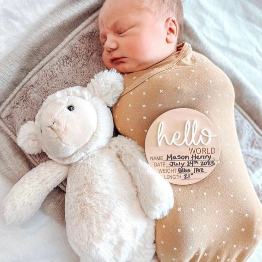 "Hello World" Birth Stat Announcement Wood Disc