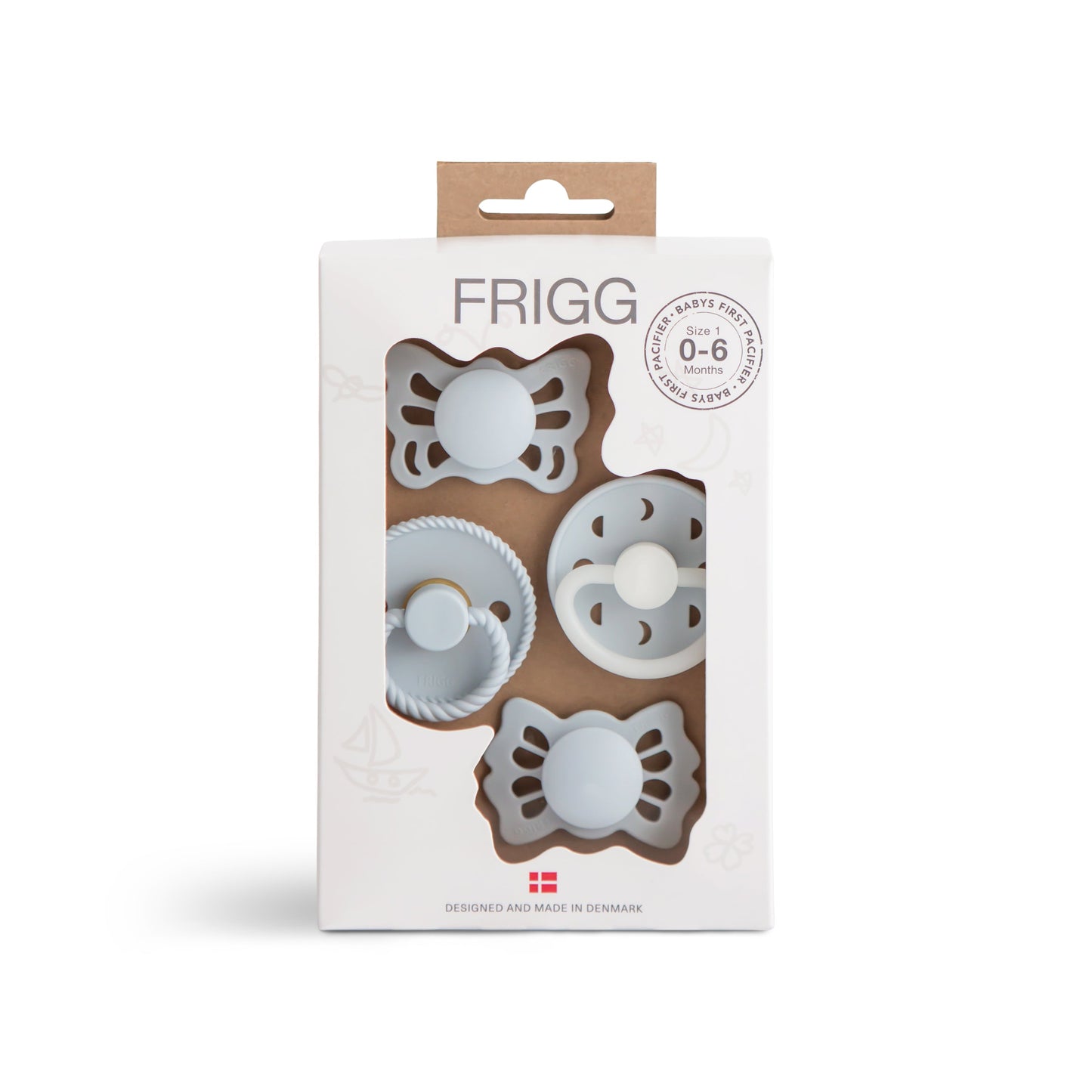 FRIGG Baby's First Pacifier Moonlight Sailing (Powder Blue) 4-Pack - Babies in Bloom