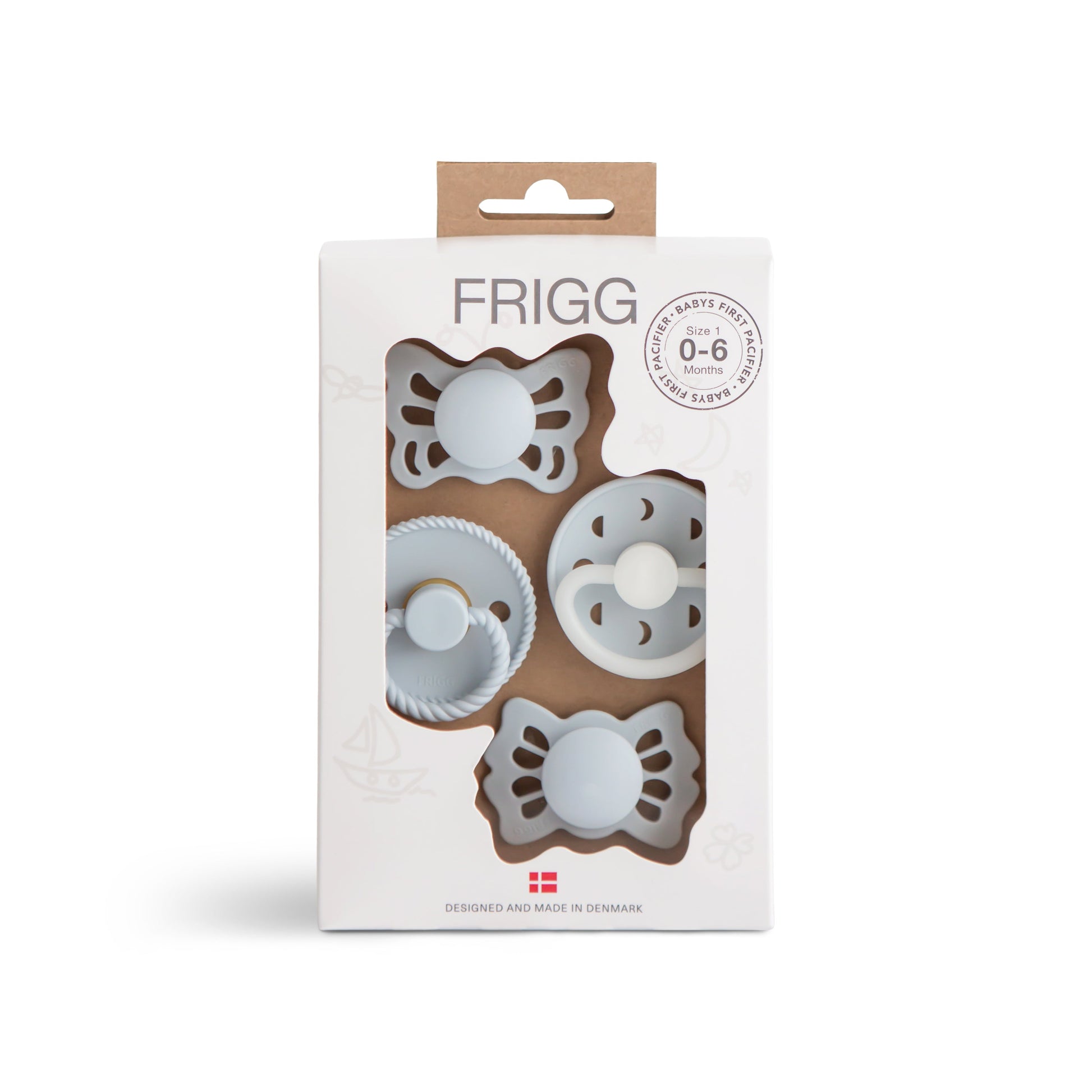FRIGG Baby's First Pacifier Moonlight Sailing (Powder Blue) 4-Pack - Babies in Bloom