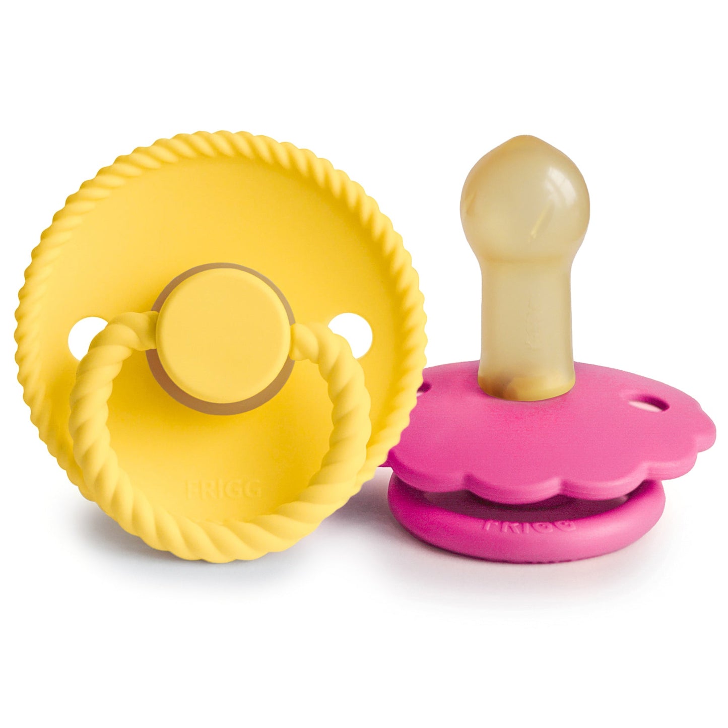 FRIGG Rope/Daisy Natural Rubber Pacifier (Sunflower/Fuchsia) 2-Pack (6-18 Months) - Babies in Bloom
