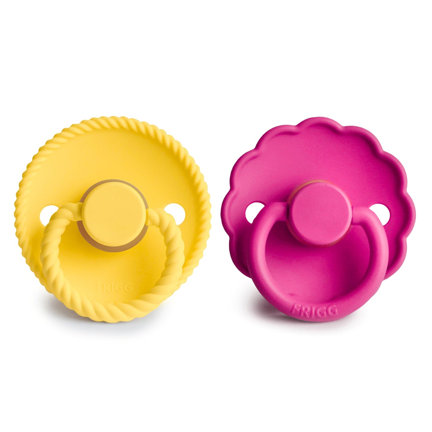 FRIGG Rope/Daisy Natural Rubber Pacifier (Sunflower/Fuchsia) 2-Pack (6-18 Months) - Babies in Bloom