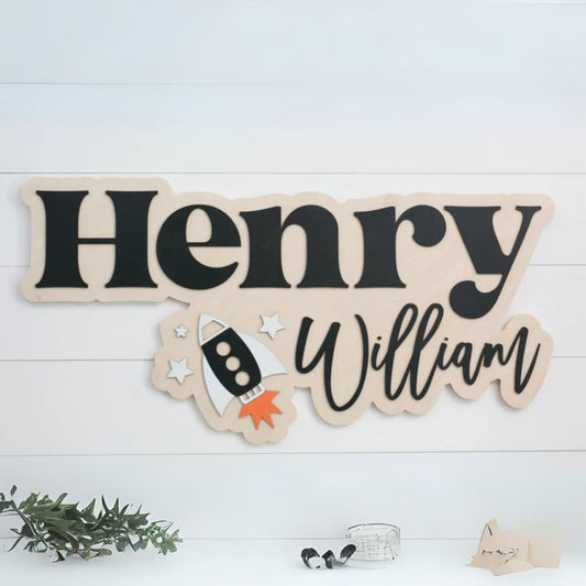 Sugar + Maple Personalized Bubble Wood Name Sign | Spaceship