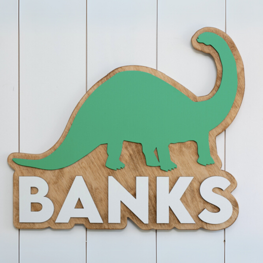 Sugar + Maple Personalized Round Wood Name Sign | Dinosaur Cutout