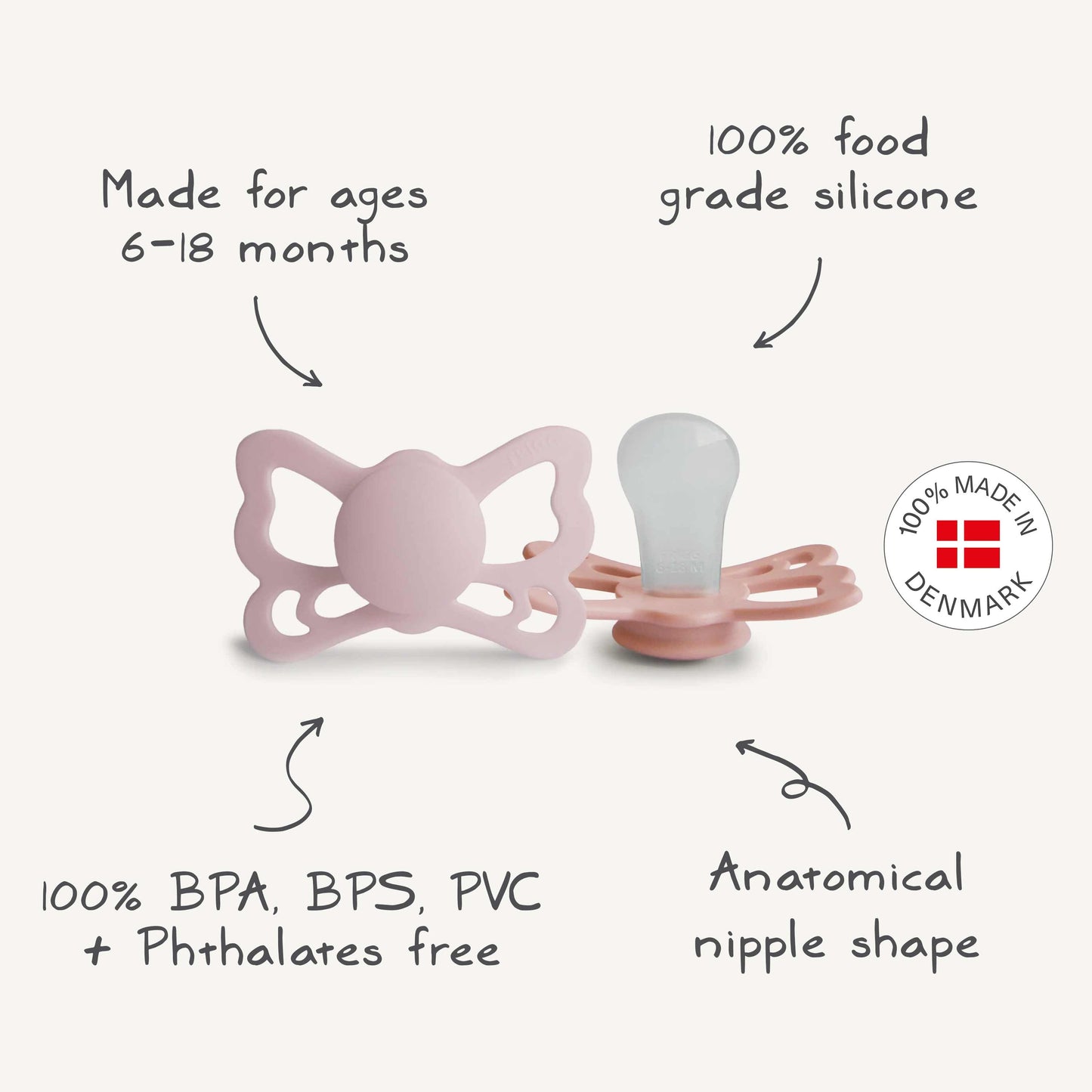 FRIGG Butterfly Anatomical Silicone Pacifier 2-Pack (6-18 Months) - Babies in Bloom