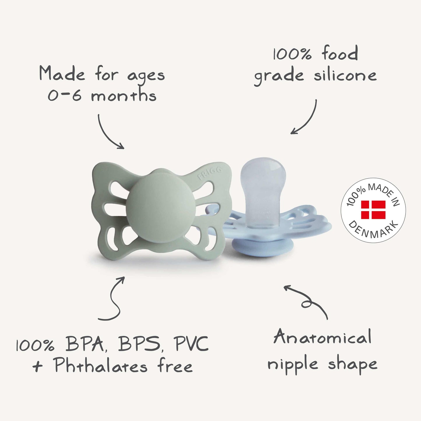 FRIGG Butterfly Anatomical Silicone Pacifier 2-Pack (0-6 Months) - Babies in Bloom