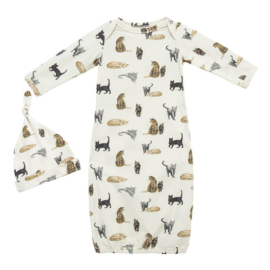Cat Cotton Stretch Newborn Gown & Hat Set
