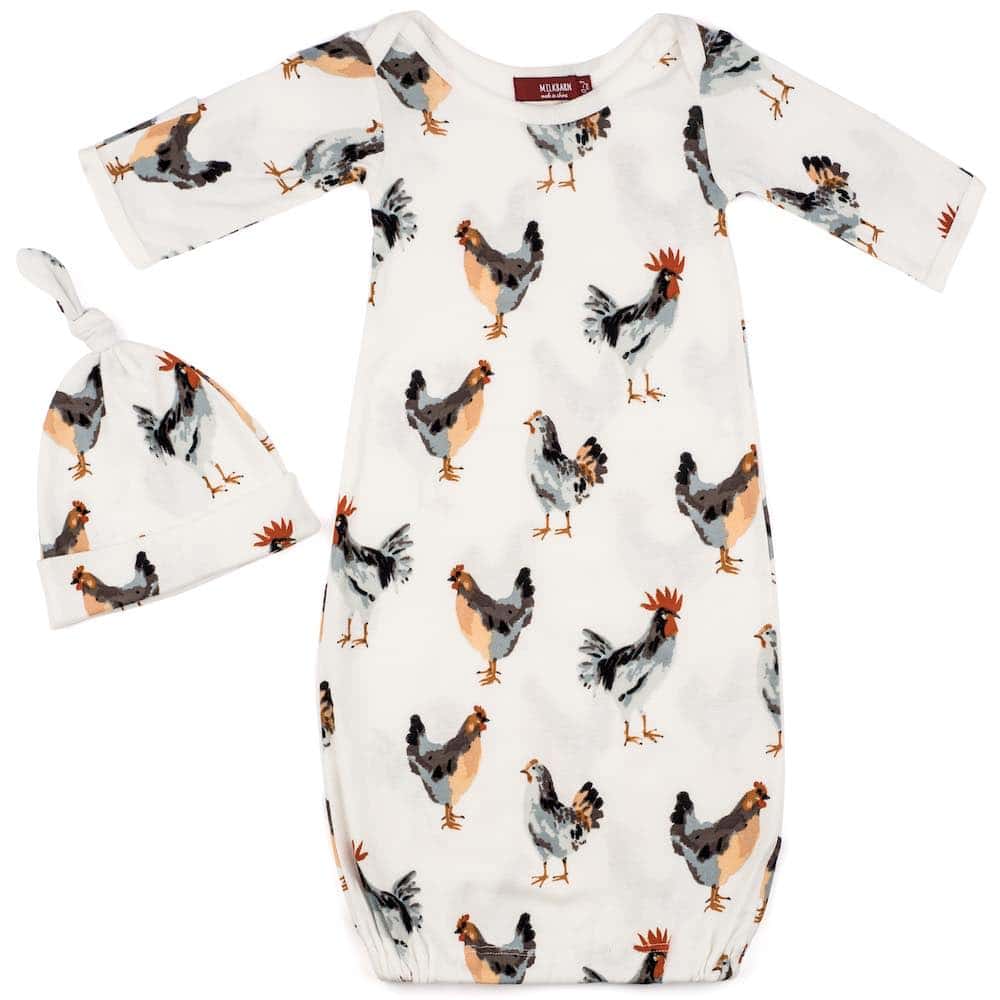 Chicken Organic Cotton Newborn Gown & Hat Set