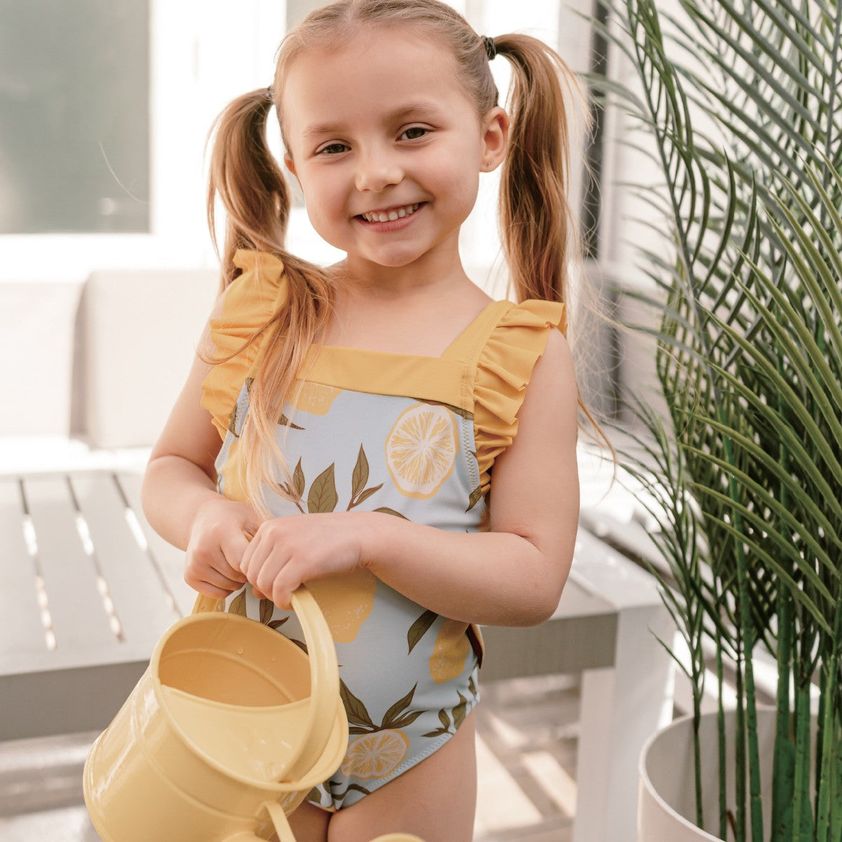 Green Gingham Ruffle Square Neck Swimsuit