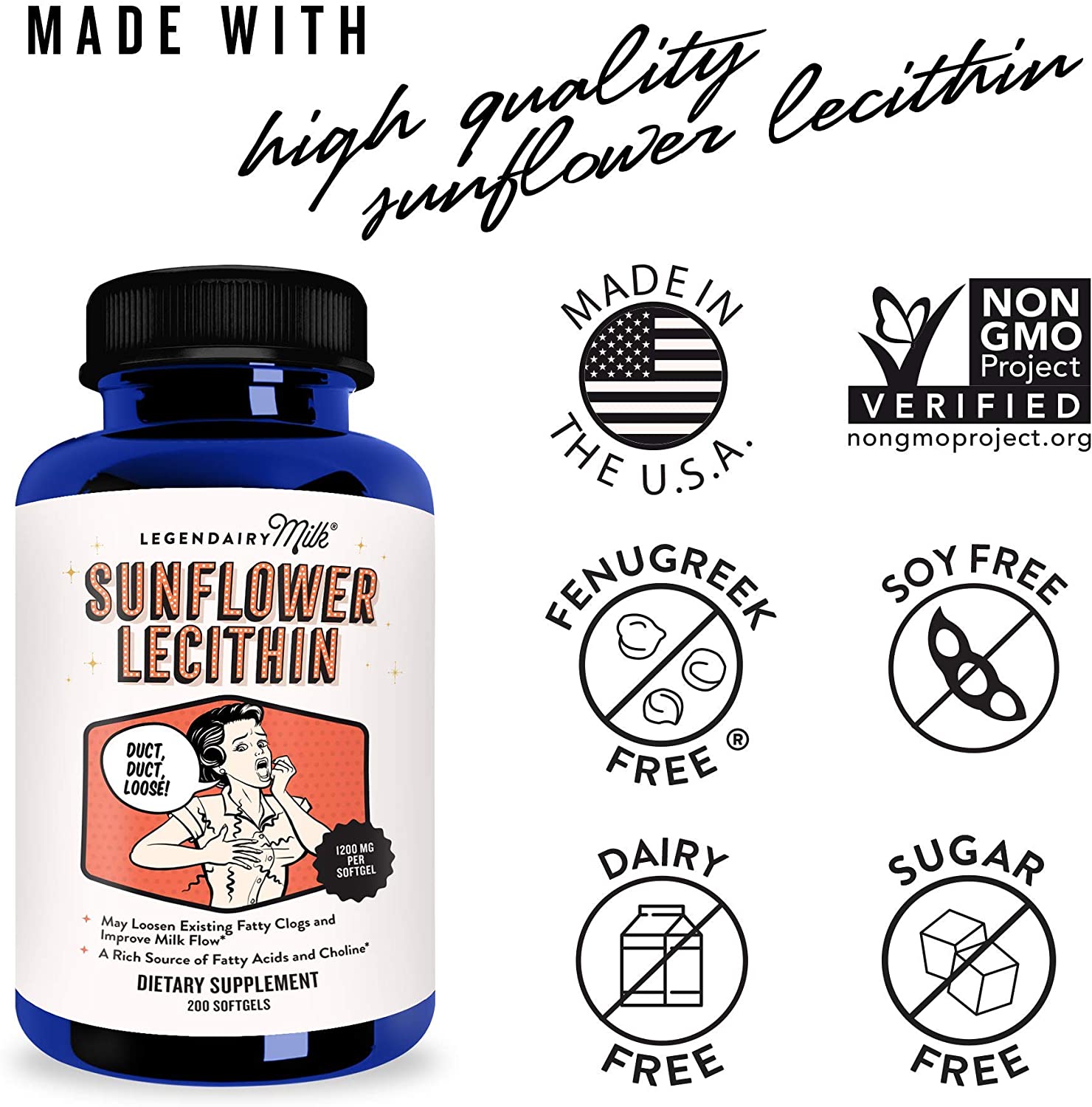 Legendairy Milk Organic Sunflower Lecithin 1200mg – 200 Softgels, Breastfeeding Support, Exp 03/2027