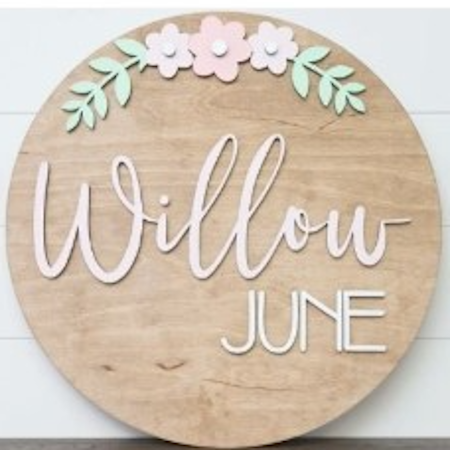 Sugar + Maple Personalized Round Wood Name Sign | Flower
