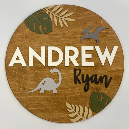 Sugar + Maple Personalized Round Wood Name Sign | Dinosaur