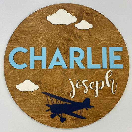 Sugar + Maple Personalized Round Wood Name Sign | Airplane