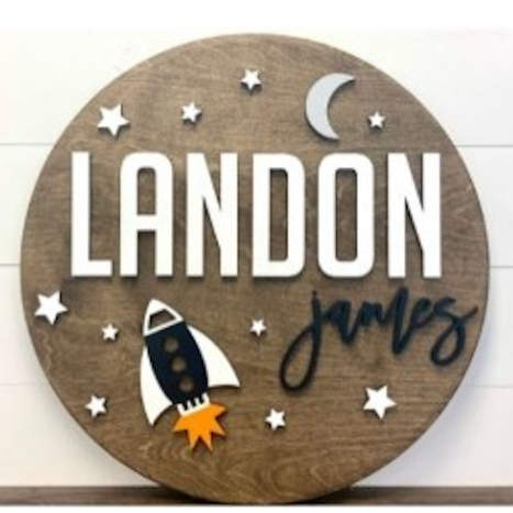 Sugar + Maple Personalized Round Wood Name Sign | Space Ship